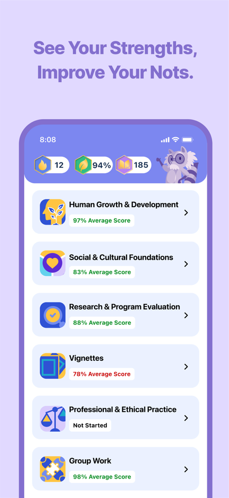 NCE Exam Prep 2026 | EZPrep - Bildschirm der EZPrep Mobile App, der NCE-Prüfungsvorbereitungskategorien mit durchschnittlichen Prozentwerten für die Fortschrittsverfolgung anzeigt.