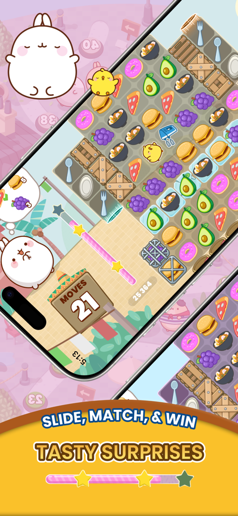 Molang Match'n Munch - Molang and Piu Piu in a match-3 puzzle game with cute food tiles