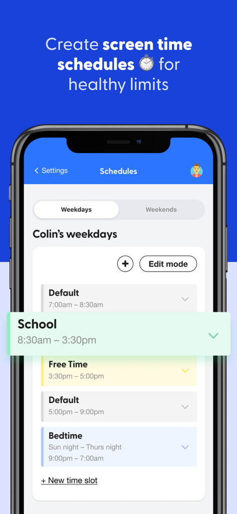 Smartphone screen showing the Bark app screen time schedule feature with daily routines for school and bedtime