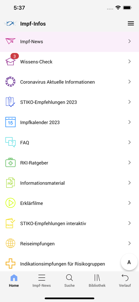 STIKO-App - Clinical menu of the STIKO-App featuring vaccination news and recommendations