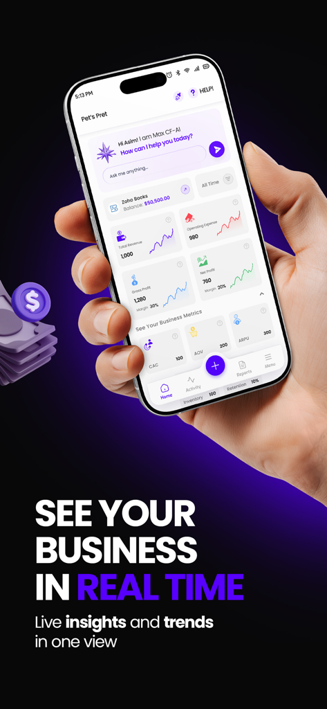 Metric financial analytics dashboard showing real-time business insights and profit trends on a mobile screen.