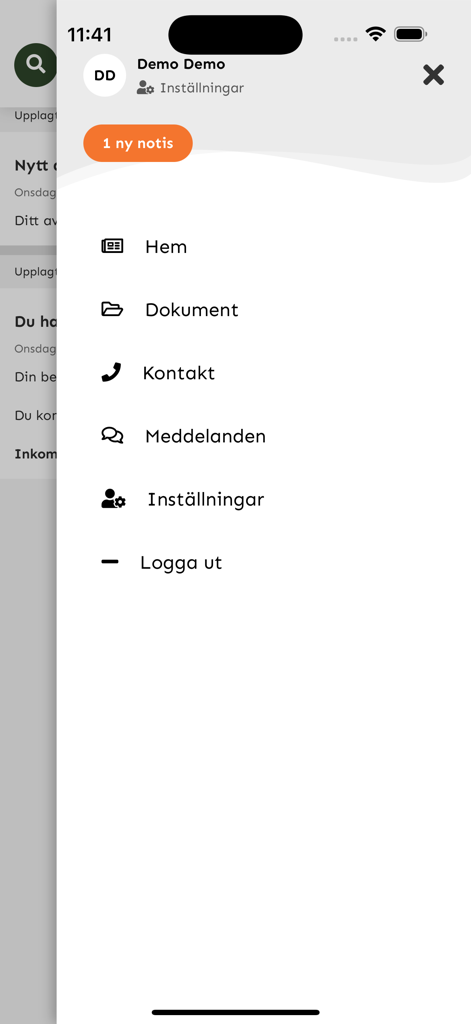 Wilgo AB - Menu de navegação principal do aplicativo móvel Wilgo AB, mostrando categorias como Início, Documentos e Mensagens.