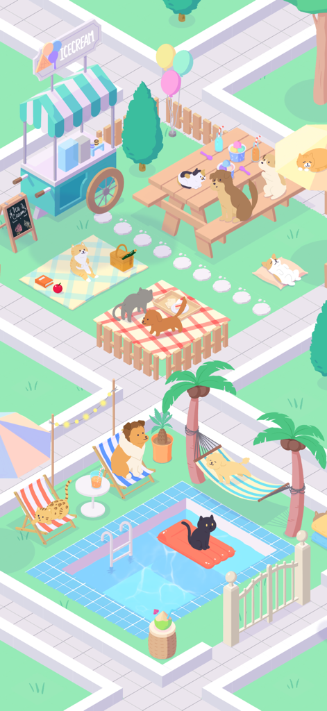 Sundae Picnic - A pastel colored park with cats and dogs enjoying ice cream near a swimming pool