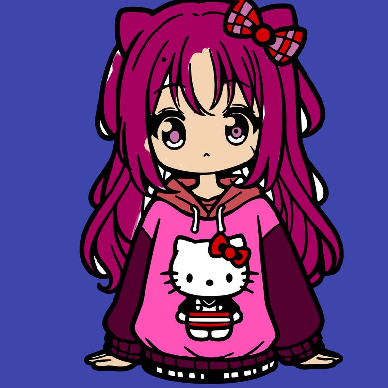 cute anime girl wearing a kuromi from hello kitty sweatshirt
