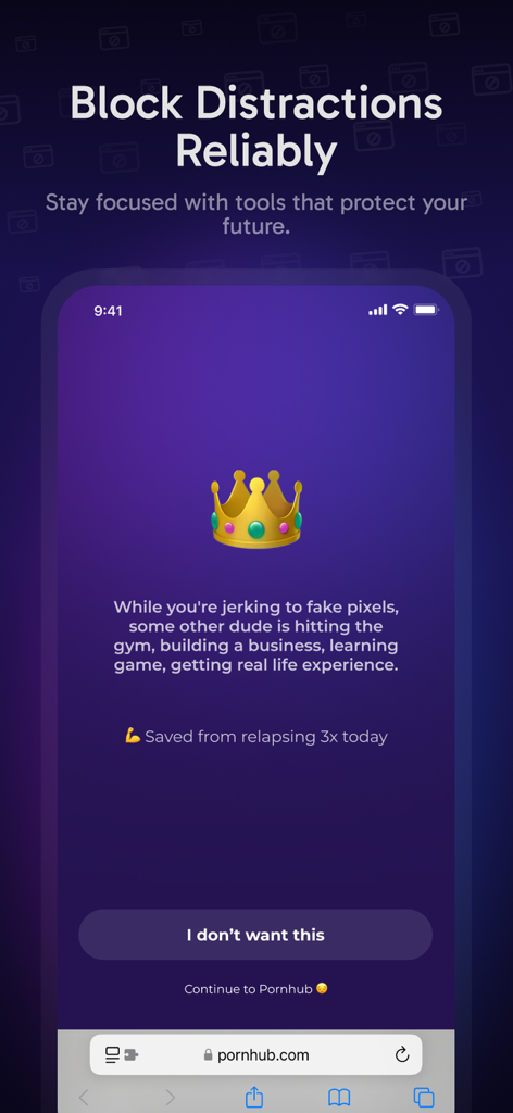 Overcomer app screenshot showing a distraction blocking screen with a motivational message to stay focused