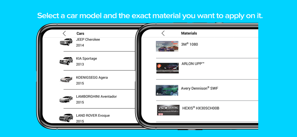 Interface of the Car Wrapper 3D app showing car model selection and a list of vinyl wrap materials.