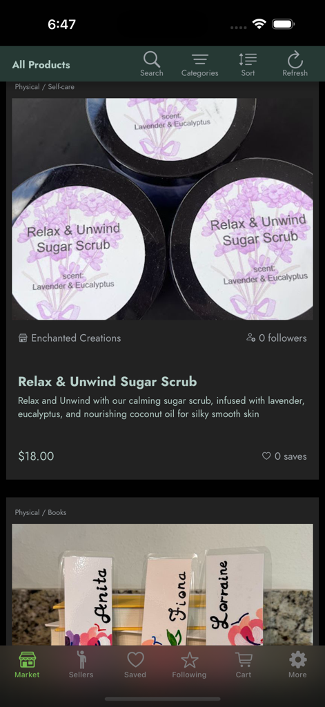 Mayhem Marketplace - Mayhem Marketplace app showing handmade sugar scrub and personalized bookmarks