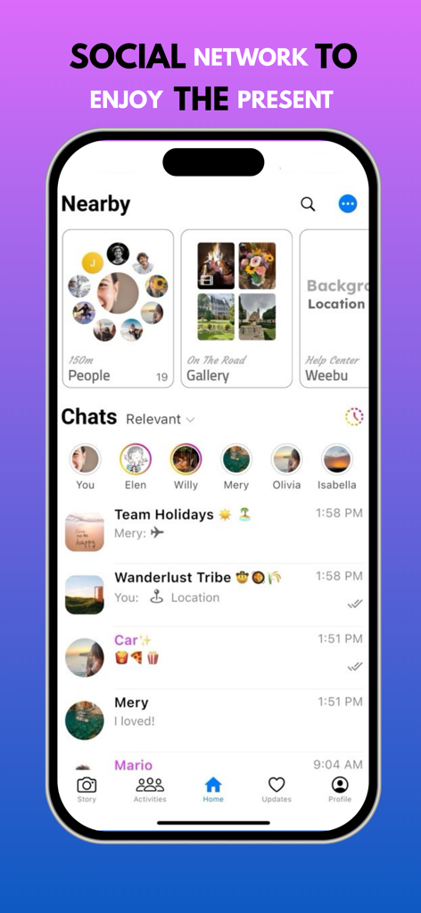 Captura de tela da tela inicial do Weebu Messenger mostrando a descoberta de pessoas próximas e uma lista de chats ativos