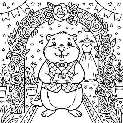 Get ready for a heartwarming celebration with this charming gopher wedding coloring page, perfect for young artists. Join our dapper gopher as he participates in a joyful matrimonial event, complete with rings and a beautiful floral arch.