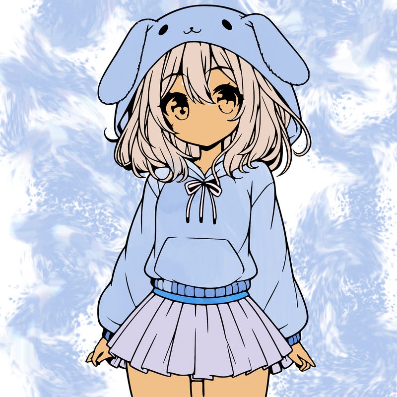 pretty anime girl wearing a fluffy hoodie with bunny ears on the hood and a skirt