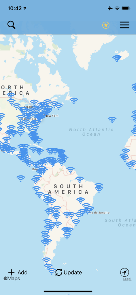 WiFox - WiFox app interface showing a world map with wifi icons indicating available airport and lounge passwords