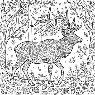 Step into a world of detailed beauty with this enchanting adult coloring page, showcasing a magnificent elk adorned with intricate patterns in a rich autumn forest. Perfect for adults seeking a relaxing and challenging coloring experience, this design invites you to bring the vibrant hues of fall to life.
