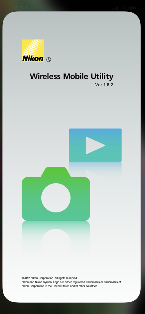 Nikon Wireless Mobile Utility app splash screen with camera and play icons