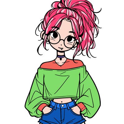 girl with a messy ponytail glasses a baggy crop top and jean shorts