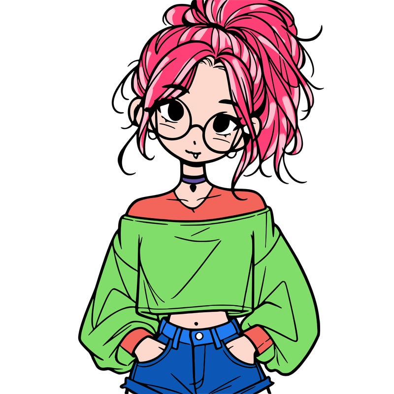 girl with a messy ponytail glasses a baggy crop top and jean shorts