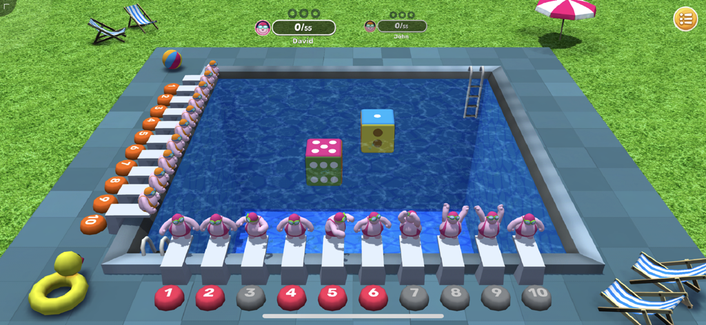 GoDice™ - Digital board game screen from GoDice featuring a swimming pool theme with divers and dice
