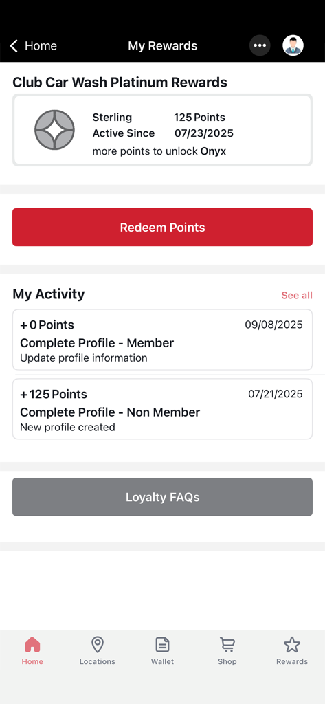 Club Car Wash mobile app rewards dashboard displaying points balance and loyalty activity