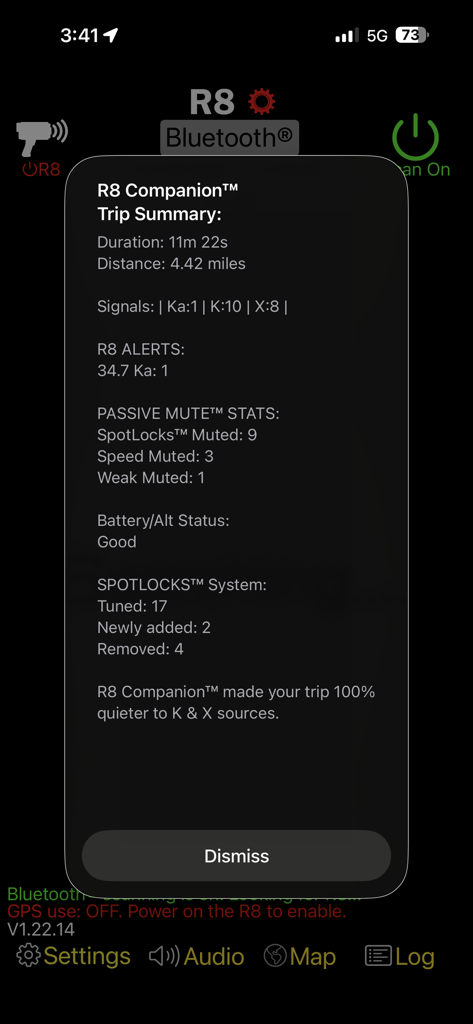 R8 Companion app trip summary screen showing radar alerts and muting statistics