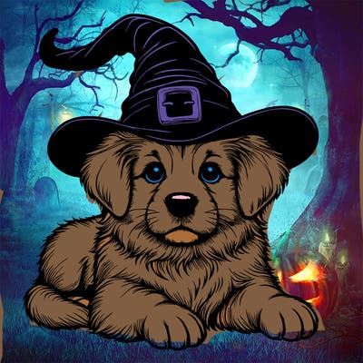 realistic dog with witch hat