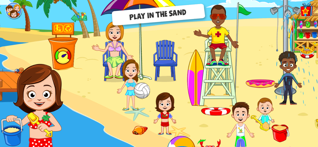 Cartoon characters playing in the sand and enjoying activities on a sunny beach.
