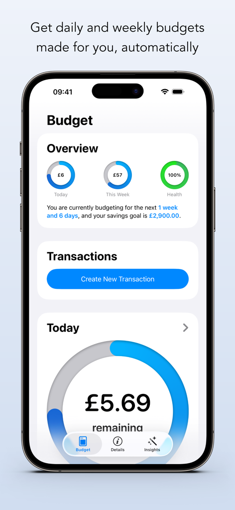 Budgeted - Budgetedアプリのモバイルダッシュボードで、日々の支出計画と予算健全性を示しています。