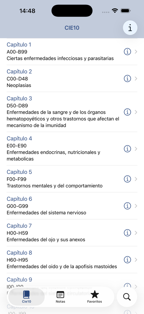 Pantalla de la aplicación móvil CIE-10 que muestra una lista de capítulos de clasificación médica en español.