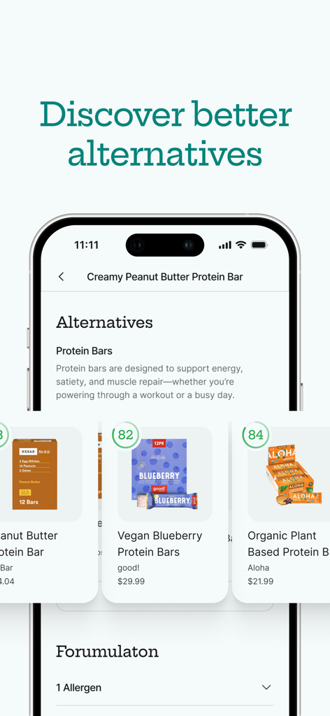 Nori - Scan your food - A mobile app interface displaying healthier food alternatives for protein bars with numerical health scores.
