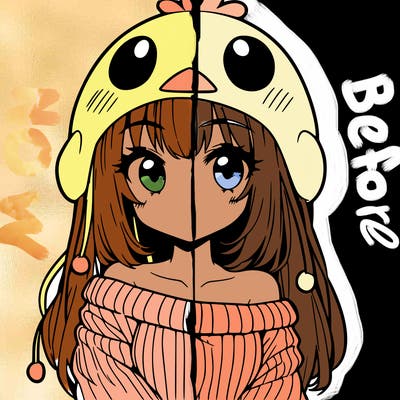 anime girl with chick shaped hat with sweater with bare shoulders with bangs covering them one eye with low tail