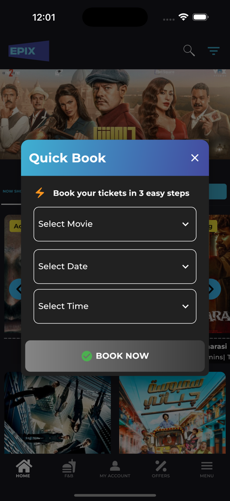 Quick Book pop up in the EPIX CINEMAS mobile app for selecting movie tickets