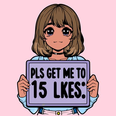 realistic girl holding up a sign that says “pls get me to 15 likes!”