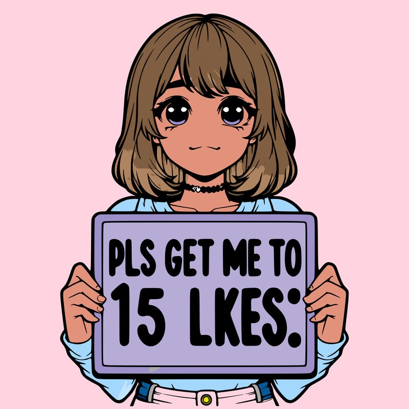 realistic girl holding up a sign that says “pls get me to 15 likes!”