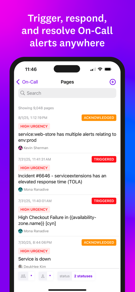 Interfaccia dell'app mobile Datadog che mostra avvisi on-call ad alta urgenza e gestione degli incidenti