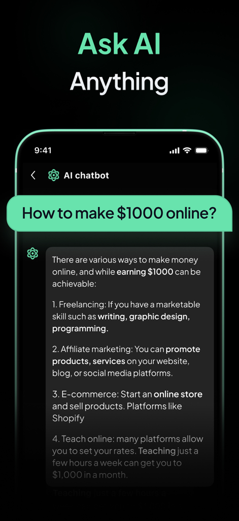 AI Chatbot - Ask Me Anything - Smartphone-Bildschirm des KI-Chatbots, der eine Frage zur Geldverdienung online beantwortet, mit einer Liste professioneller Vorschläge.