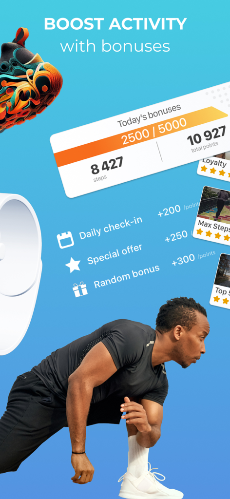 Mobile app interface displaying daily step progress and point bonuses for tasks
