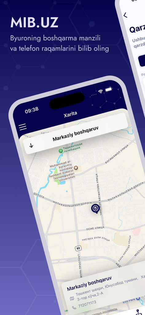 mib.uz - A mobile screen showing a map with the location of the central bureau office in the mib.uz app