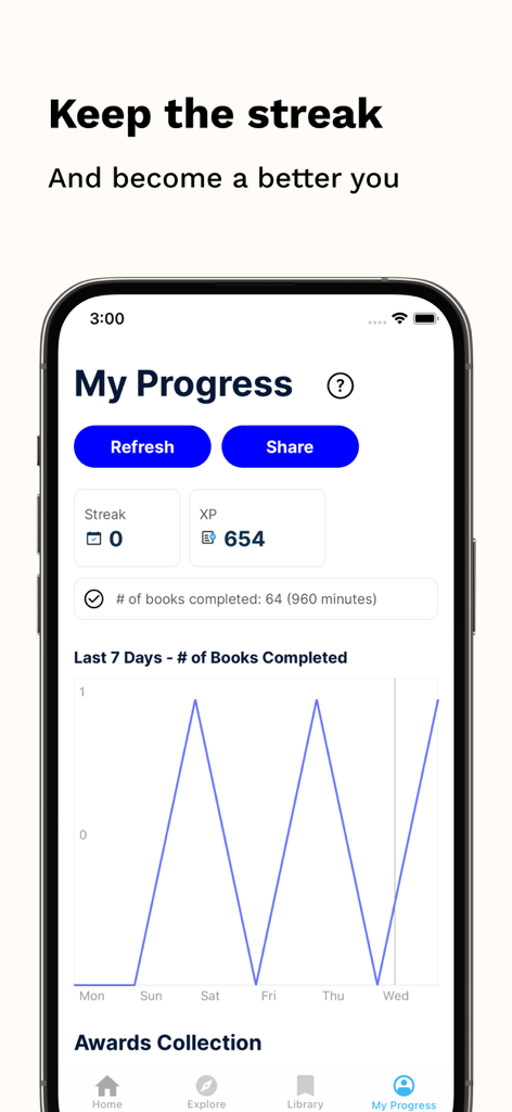 SumizeIt: Daily Book Summaries - Interface do aplicativo SumizeIt mostrando o progresso do usuário, incluindo sequência de leitura, pontos de XP e um gráfico de livros concluídos nos últimos 7 dias