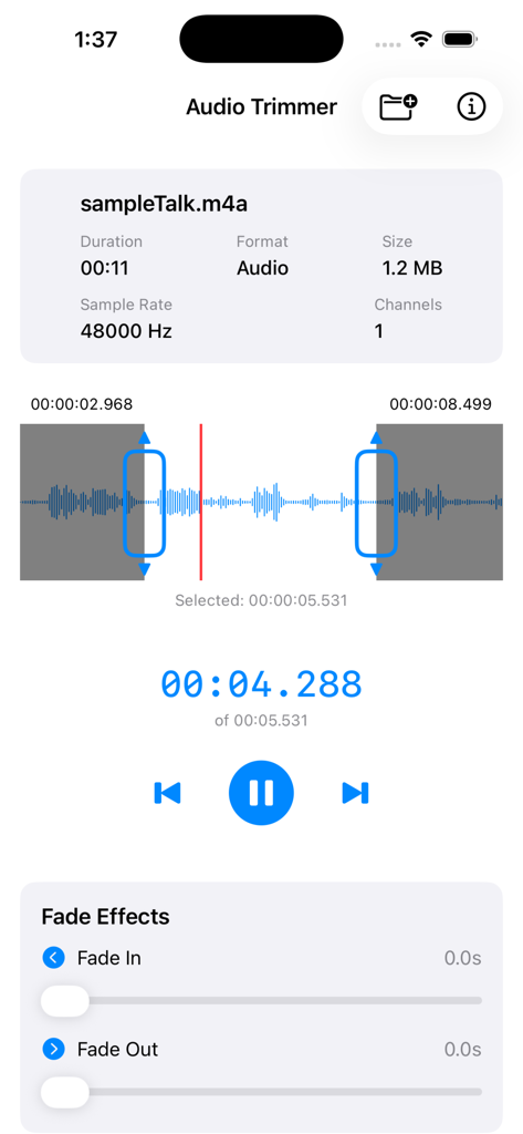 Audio Trimmer Plus - Audio Trimmer Plus app showing audio waveform editing and fade effects