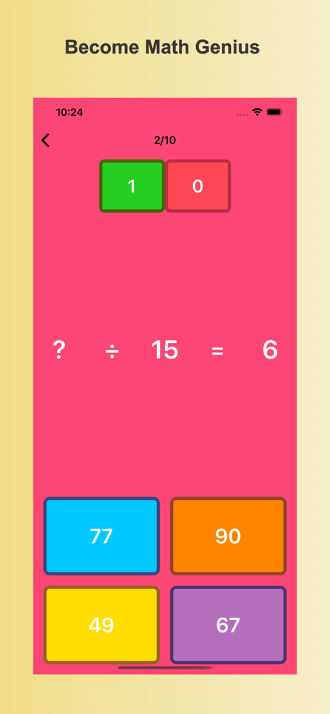 A division math problem in the Splash Math app with colorful multiple choice buttons