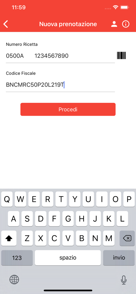 Interfaccia mobile per l'inserimento del numero di ricetta medica e del codice fiscale per una nuova prenotazione.