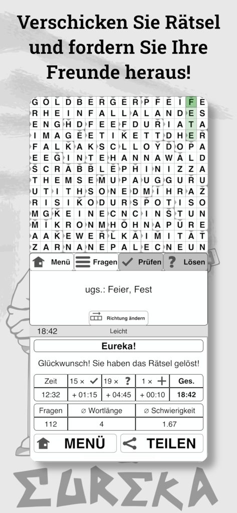 Solved German crossword puzzle with statistics and sharing option in Eureka app.