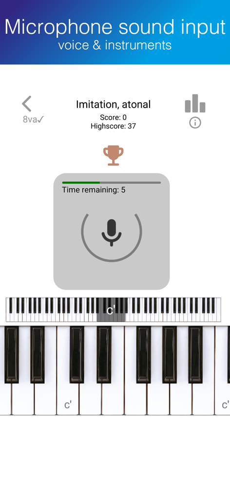 ET - Ear Trainer - Interfaz de la aplicación ET Ear Trainer que muestra la entrada de sonido del micrófono para voz e instrumentos