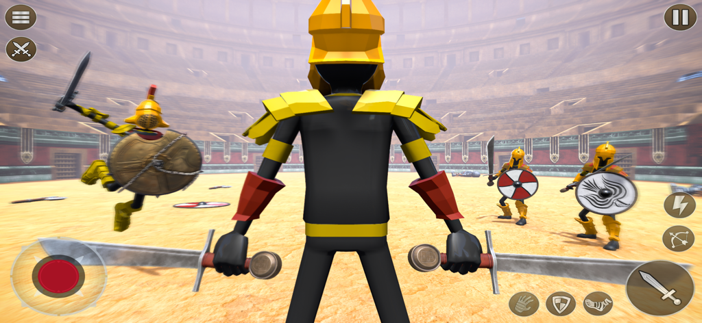Stickman 3D Gladiator - Stickman gladiator holding dual swords facing enemies in a 3D arena