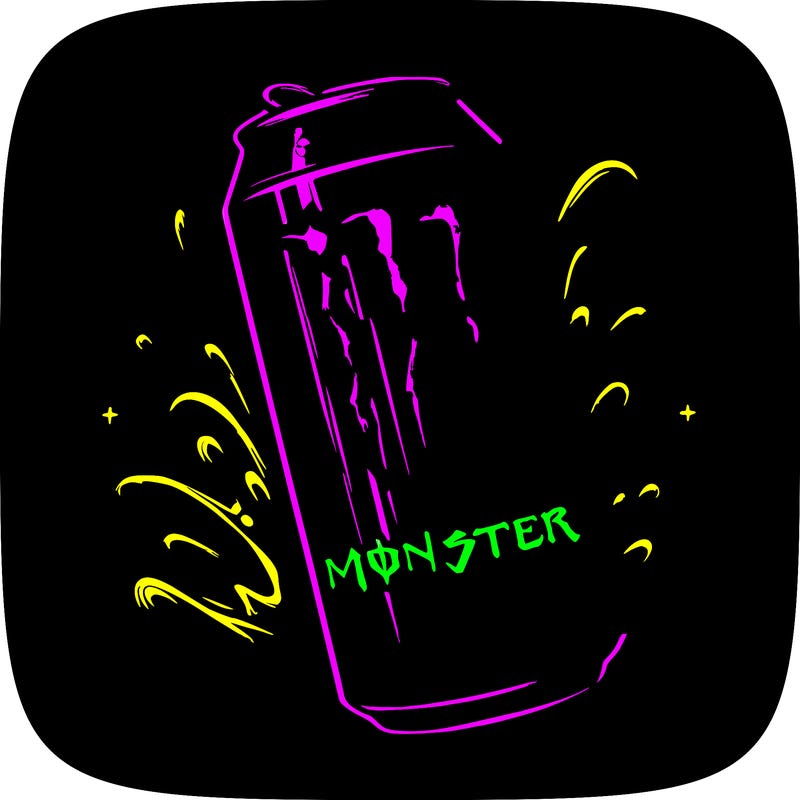 monster energy drink, blue color, monster energy logo is green and background is black
