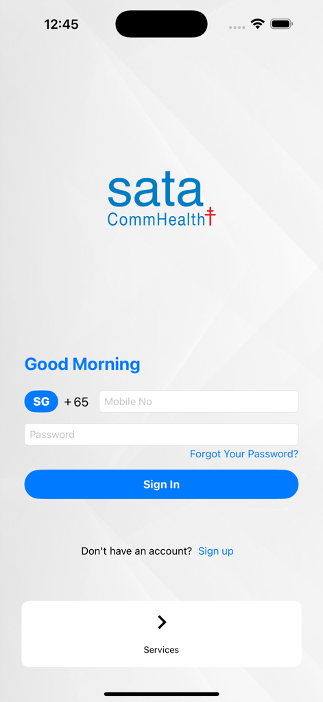 SATA Public - SATA Public mobile app login page with mobile number and password entry fields