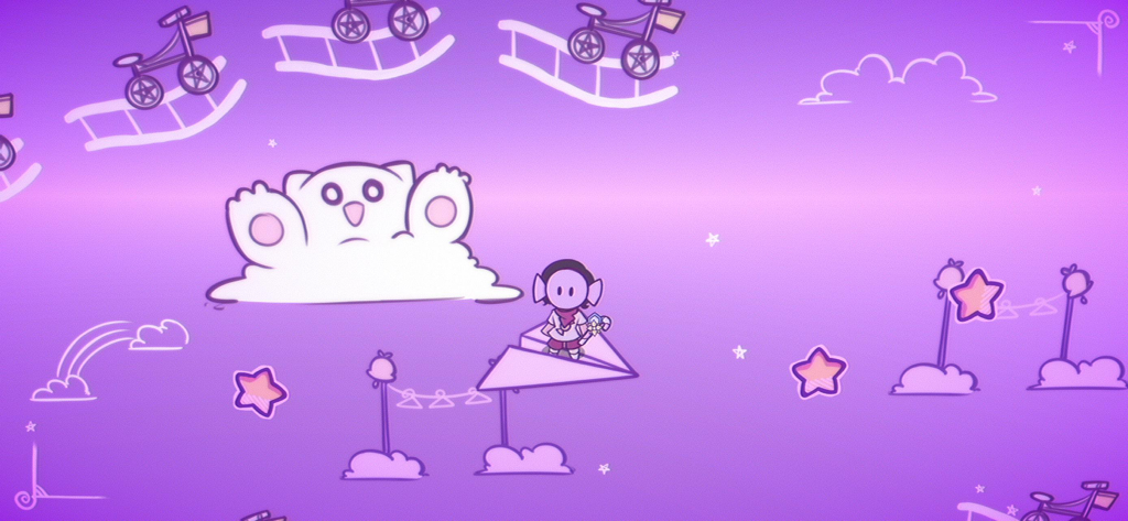 Sundy Stairway - Un personaje dibujado a mano de pie sobre un avión de papel en un paisaje onírico surrealista púrpura con una nube en forma de oso y estrellas.