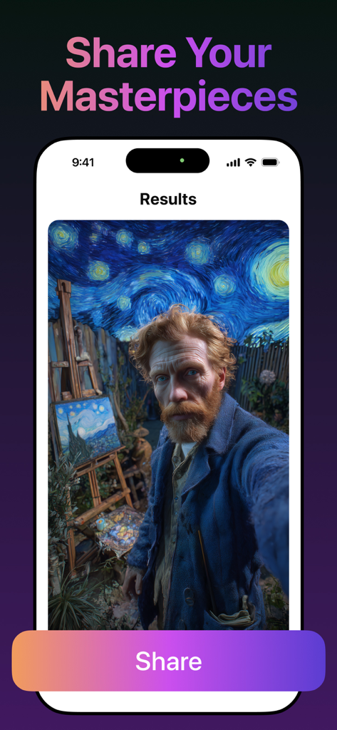 Pixverse - AI Video Effects - Una pantalla de iPhone mostrando un selfie de estilo Van Gogh generado por IA con un botón para compartir