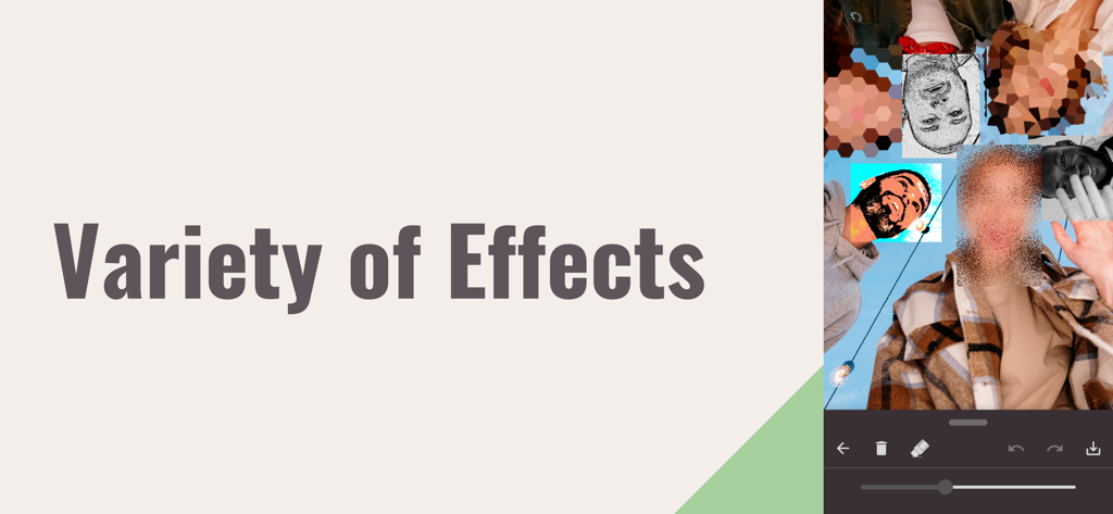 Un collage que muestra diferentes filtros de privacidad y efectos de mosaico aplicados a rostros en la aplicación