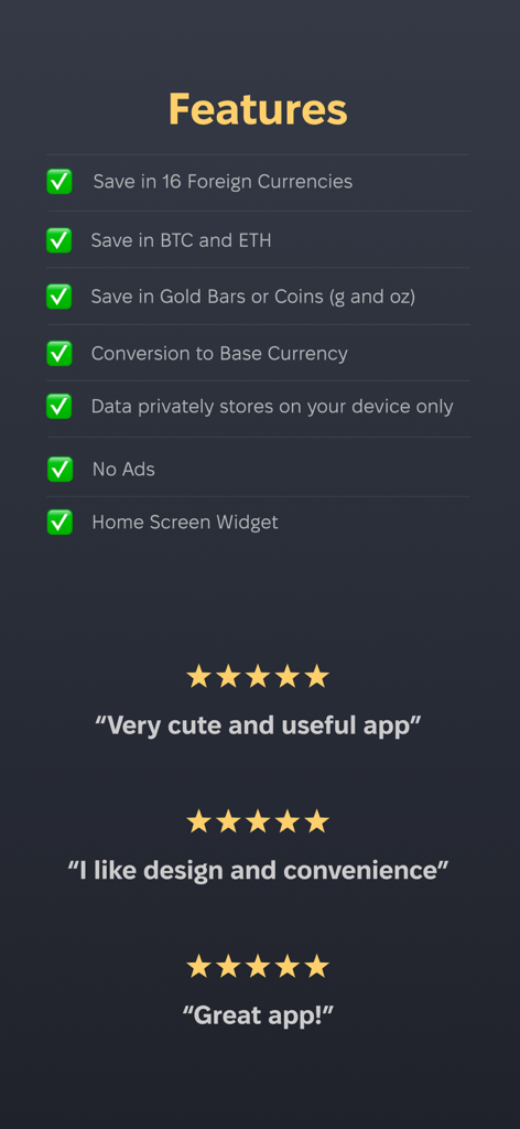 Savings tracker for big goals - List of app features including crypto gold and currency tracking alongside positive user testimonials