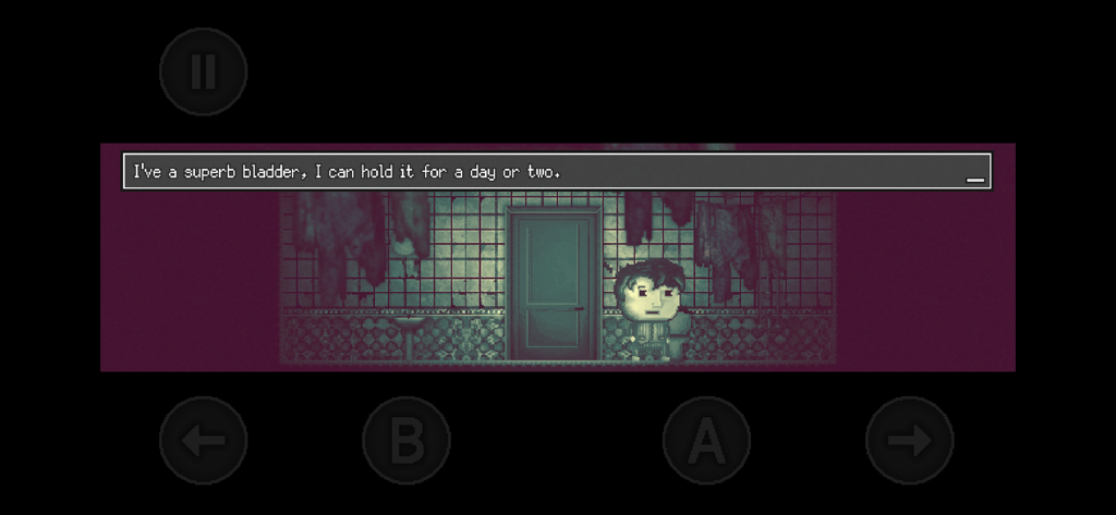 DISTRAINT - Deluxe Edition - 2D psychological horror gameplay of DISTRAINT Deluxe Edition showing a character in a grim bathroom with a dialogue box