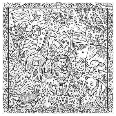 Dive into a magnificent world where wild animals celebrate love and diversity for Pride Month. This unique coloring page invites you to bring a vibrant spectrum of colors to a powerful message of unity and nature's beauty.